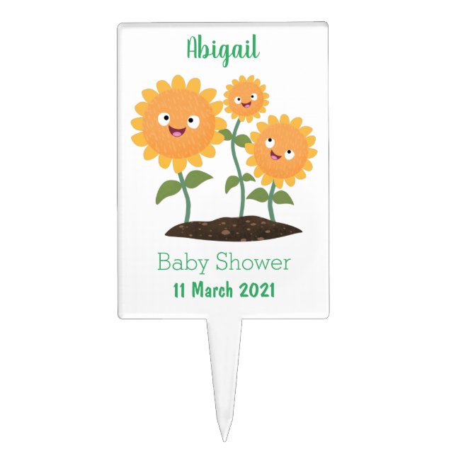 Cute happy sunflowers smiling cartoon illustration cake topper (Front)