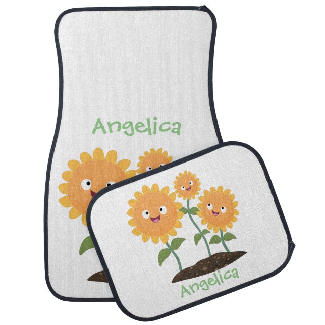 Cute happy sunflowers smiling cartoon illustration car floor mat (Set)
