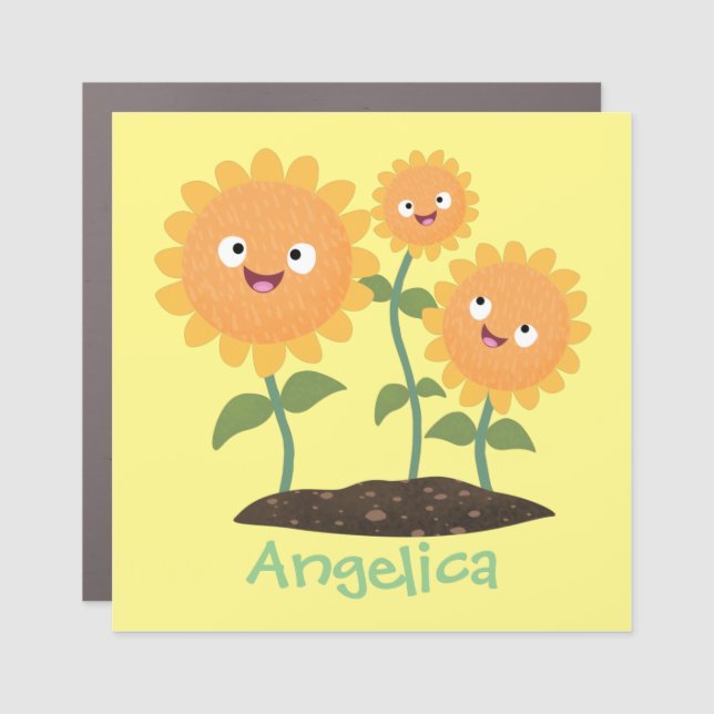 Cute happy sunflowers smiling cartoon illustration car magnet (Front)