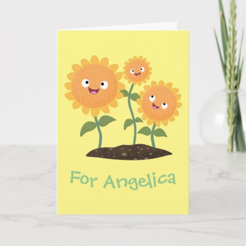 Cute happy sunflowers smiling cartoon illustration card