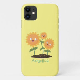 Cute happy sunflowers smiling cartoon illustration iPhone 11 case