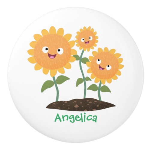 Cute happy sunflowers smiling cartoon illustration ceramic knob