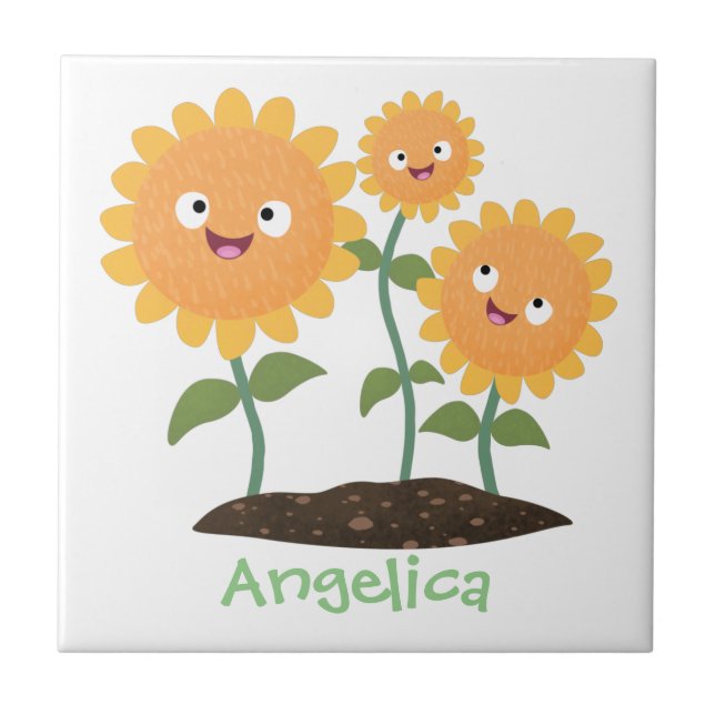 Cute happy sunflowers smiling cartoon illustration ceramic tile (Front)
