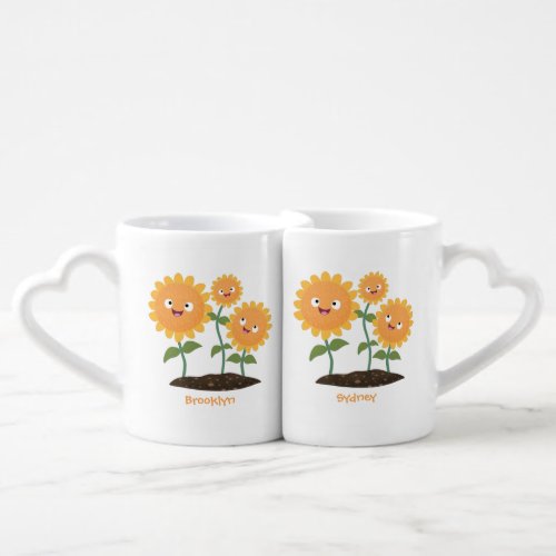 Cute happy sunflowers smiling cartoon illustration coffee mug set