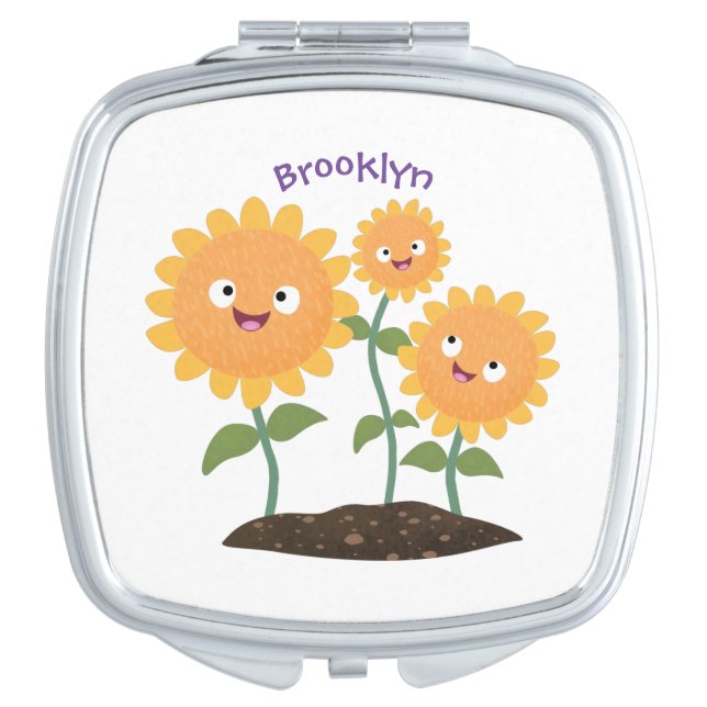 Cute happy sunflowers smiling cartoon illustration compact mirror (Front)
