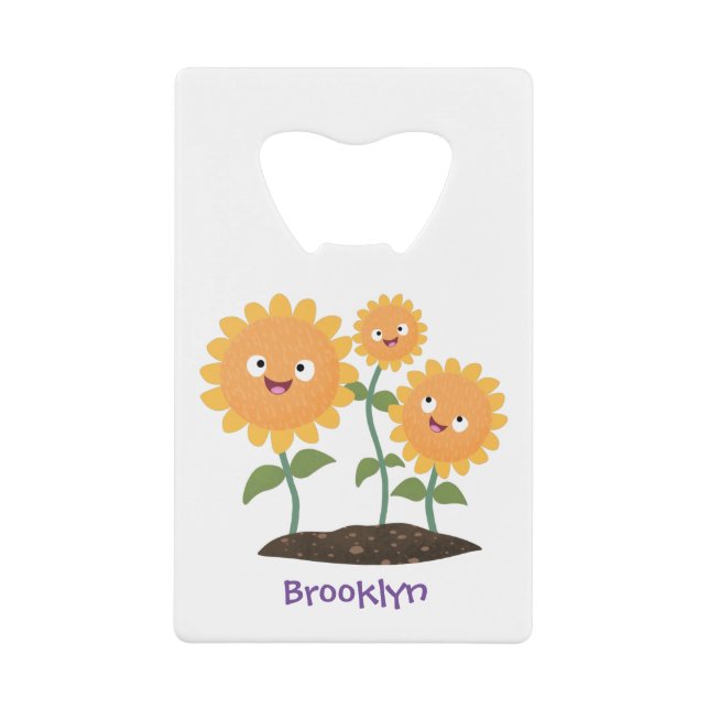 Cute happy sunflowers smiling cartoon illustration credit card bottle opener (Front)
