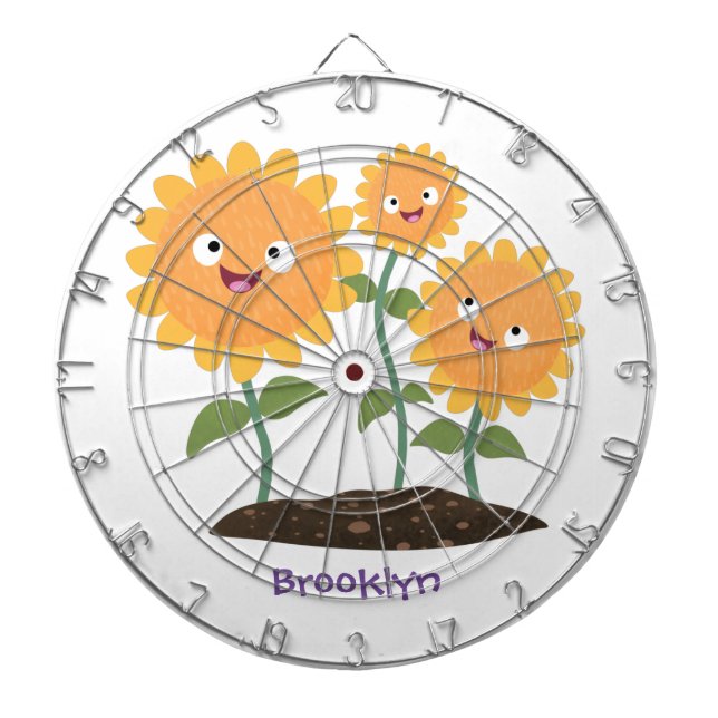 Cute happy sunflowers smiling cartoon illustration dart board (Front)