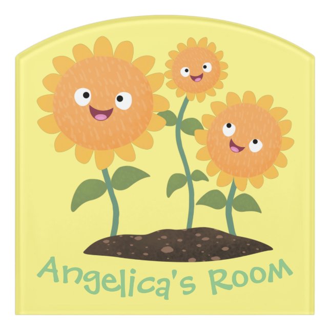 Cute happy sunflowers smiling cartoon illustration door sign (Contour Front)