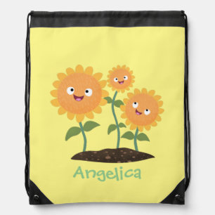 Cute happy sunflowers smiling cartoon illustration drawstring bag