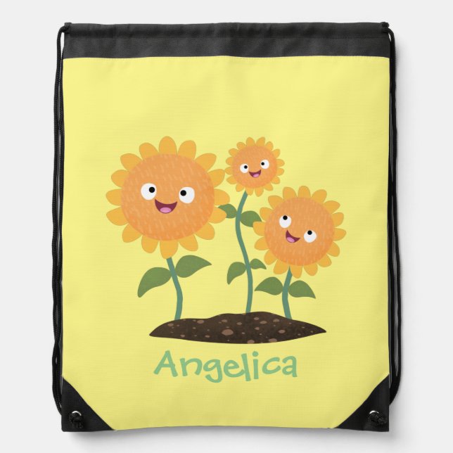 Cute happy sunflowers smiling cartoon illustration drawstring bag (Front)