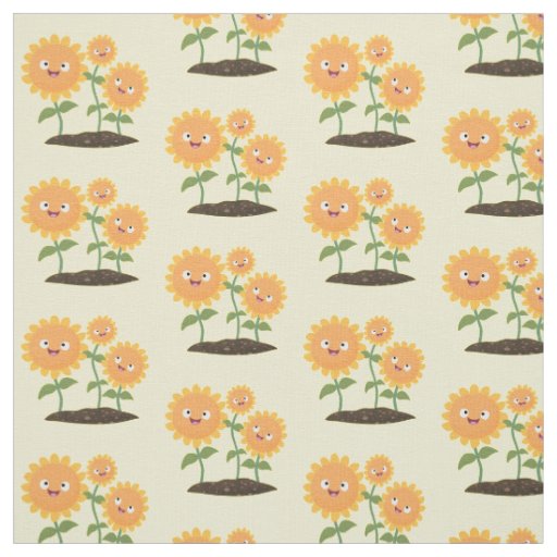 Cute happy sunflowers smiling cartoon illustration fabric