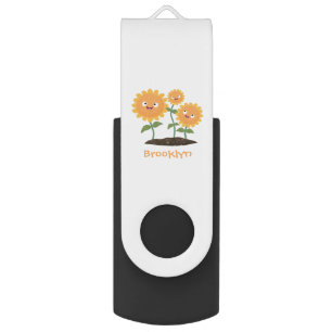 Cute happy sunflowers smiling cartoon illustration flash drive