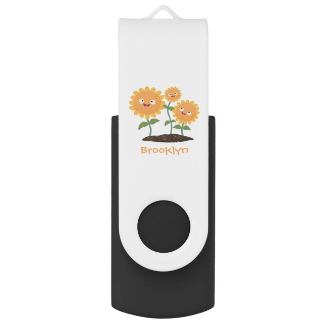 Cute happy sunflowers smiling cartoon illustration flash drive (Front Vertical)