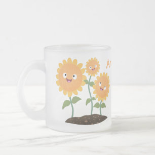 Cute happy sunflowers smiling cartoon illustration frosted glass coffee mug