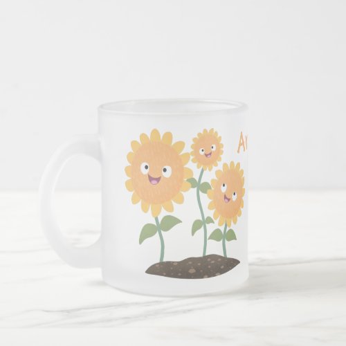 Cute happy sunflowers smiling cartoon illustration frosted glass coffee mug