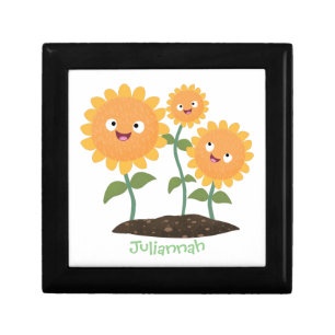 Cute happy sunflowers smiling cartoon illustration gift box