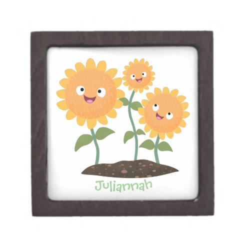 Cute happy sunflowers smiling cartoon illustration gift box