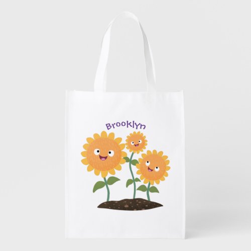 Cute happy sunflowers smiling cartoon illustration grocery bag