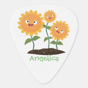 Cute happy sunflowers smiling cartoon illustration guitar pick