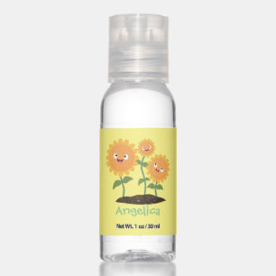 Cute happy sunflowers smiling cartoon illustration hand sanitizer