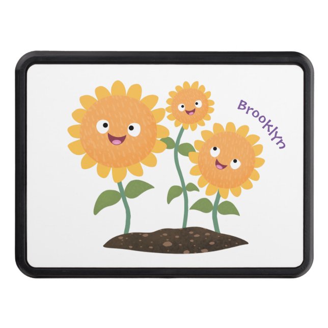 Cute happy sunflowers smiling cartoon illustration hitch cover (Front)