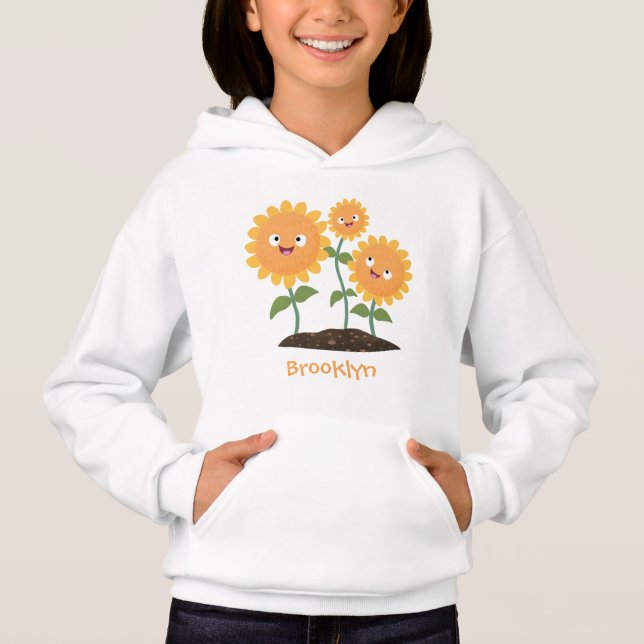 Cute happy sunflowers smiling cartoon illustration hoodie (Front)