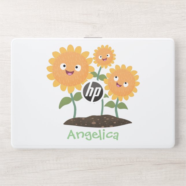 Cute happy sunflowers smiling cartoon illustration HP laptop skin (Front)