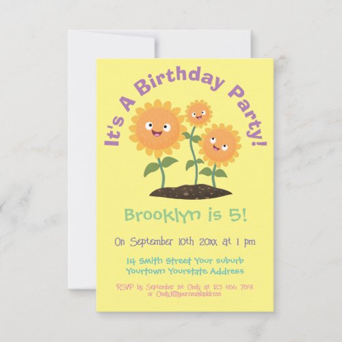 Cute happy sunflowers smiling cartoon illustration invitation