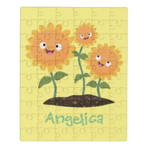 Cute happy sunflowers smiling cartoon illustration jigsaw puzzle