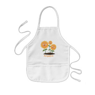 Cute happy sunflowers smiling cartoon illustration kids' apron