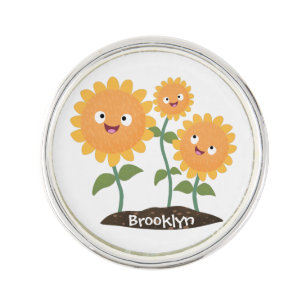Cute happy sunflowers smiling cartoon illustration lapel pin