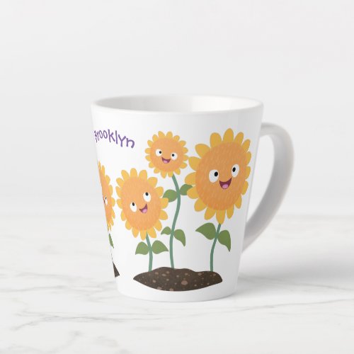 Cute happy sunflowers smiling cartoon illustration latte mug