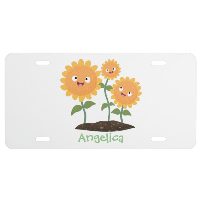 Cute happy sunflowers smiling cartoon illustration license plate (Front)