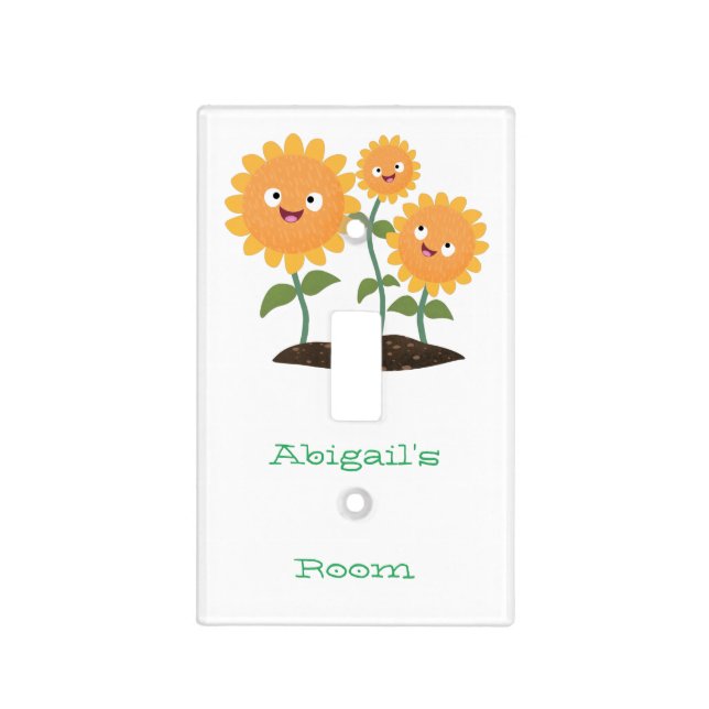 Cute happy sunflowers smiling cartoon illustration light switch cover (Front)
