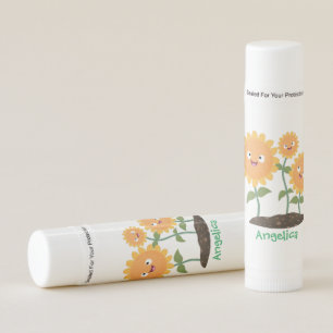 Cute happy sunflowers smiling cartoon illustration lip balm