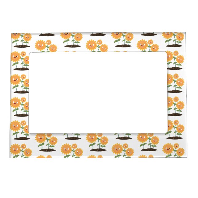 Cute happy sunflowers smiling cartoon illustration magnetic frame (Front)