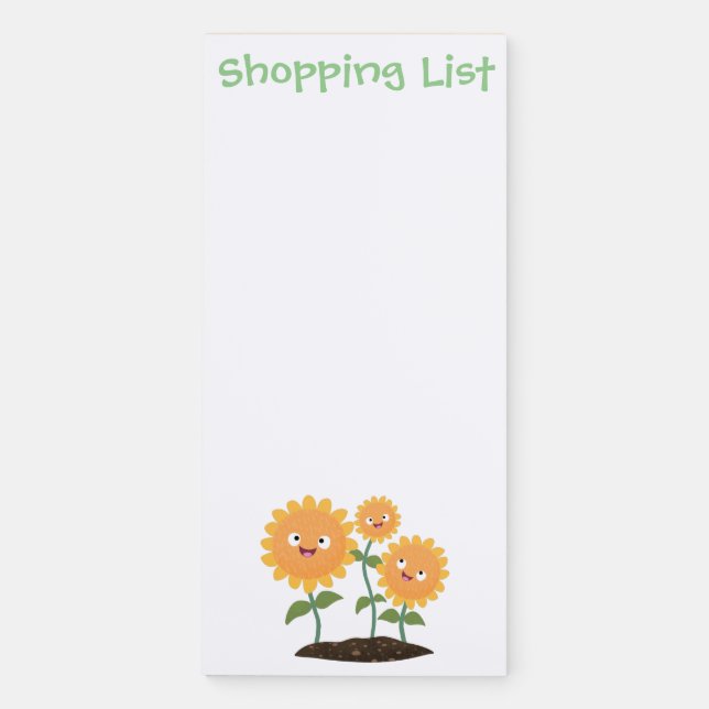 Cute happy sunflowers smiling cartoon illustration magnetic notepad (Front)