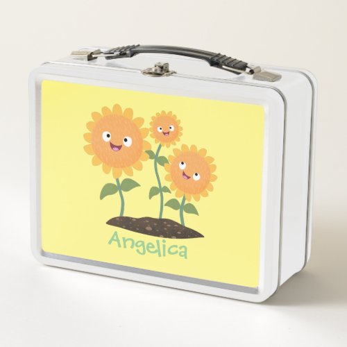 Cute happy sunflowers smiling cartoon illustration metal lunch box