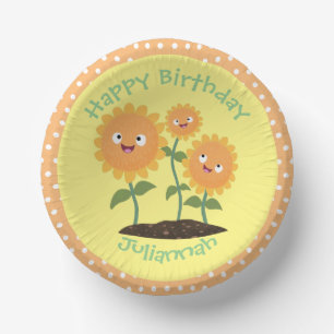 Cute happy sunflowers smiling cartoon illustration paper bowls