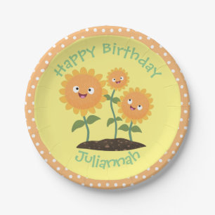 Cute happy sunflowers smiling cartoon illustration paper plates