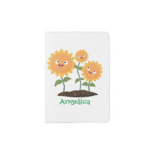 Cute happy sunflowers smiling cartoon illustration passport holder