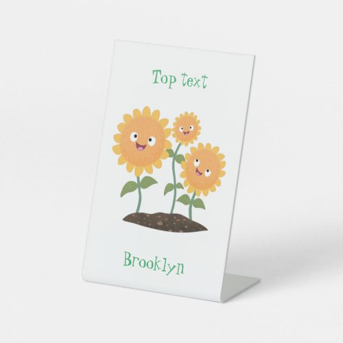 Cute happy sunflowers smiling cartoon illustration pedestal sign