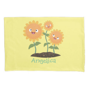 Cute happy sunflowers smiling cartoon illustration pillow case