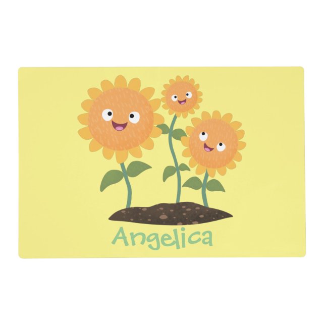Cute happy sunflowers smiling cartoon illustration placemat (Front)