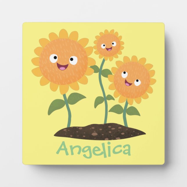 Cute happy sunflowers smiling cartoon illustration plaque (Front)