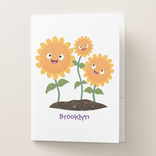 Cute happy sunflowers smiling cartoon illustration pocket folder (Front)