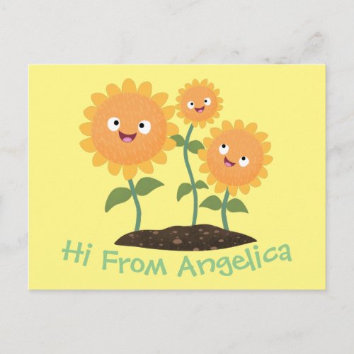 Cute happy sunflowers smiling cartoon illustration postcard