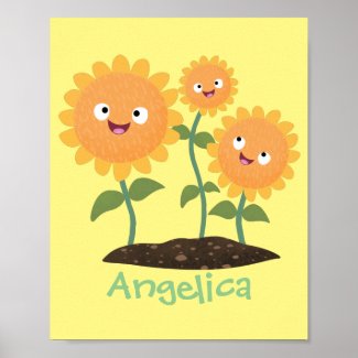 Cute happy sunflowers smiling cartoon illustration