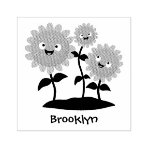 Cute happy sunflowers smiling cartoon illustration rubber stamp