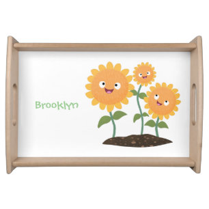 Cute happy sunflowers smiling cartoon illustration serving tray